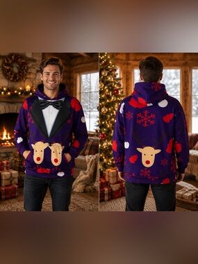 John Hancock Reindeer Tuxedo Ugly Christmas Hoodie Party Unisex Holiday Sweater
